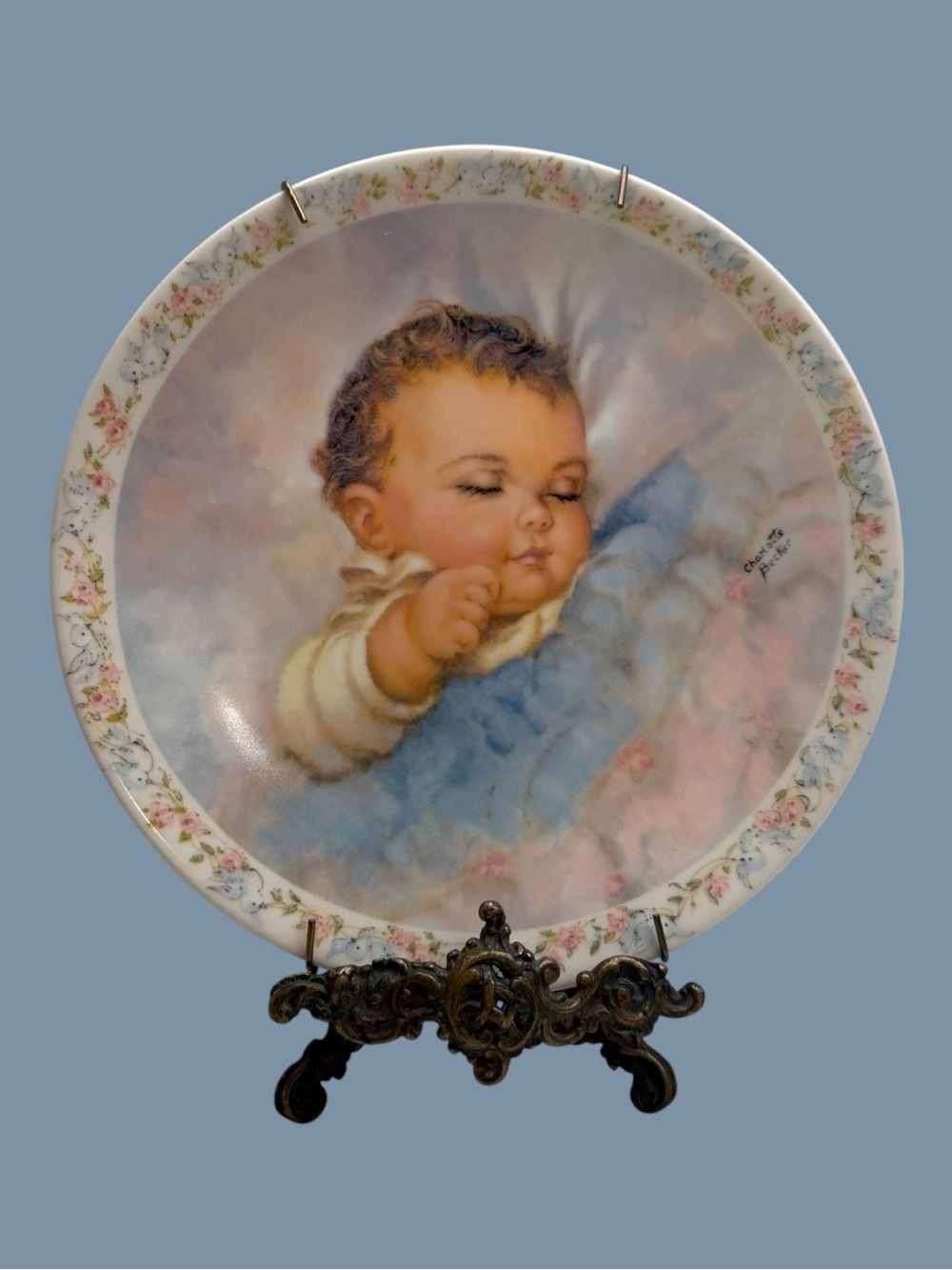 Vintage Porcelain Plate "In Slumberland" by Charlotte Becker Sleeping Baby 1980s